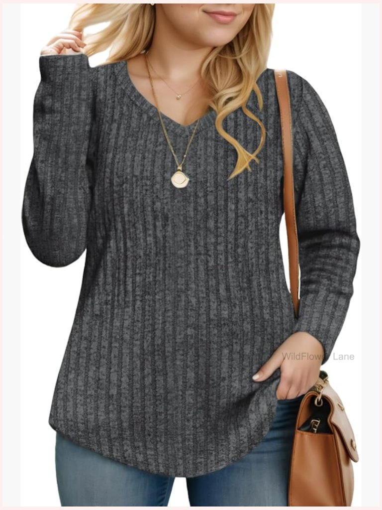 Plus Size V Neck Tunic Tops Long Sleeve Knit Sweater Casual Loose Pullover